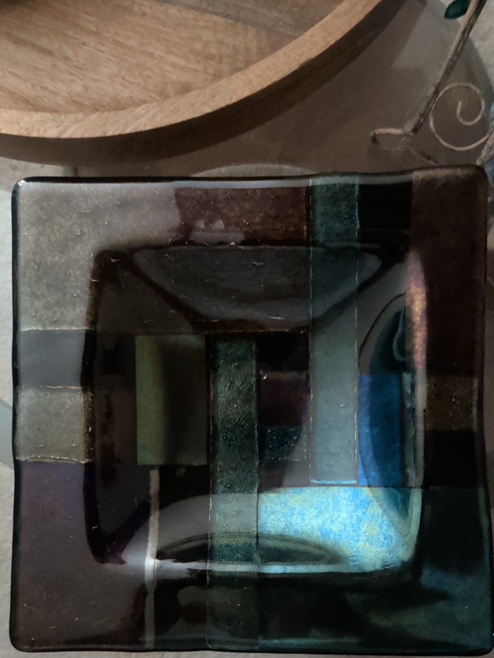 Handcrafted Iridescent Glass Art Plate - Blue Green